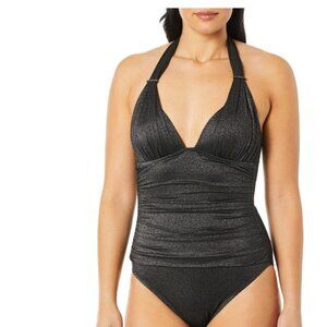 Black Sparkly Cute Bodysuit Bathing Suit Halter Deep V with Ruching Small
